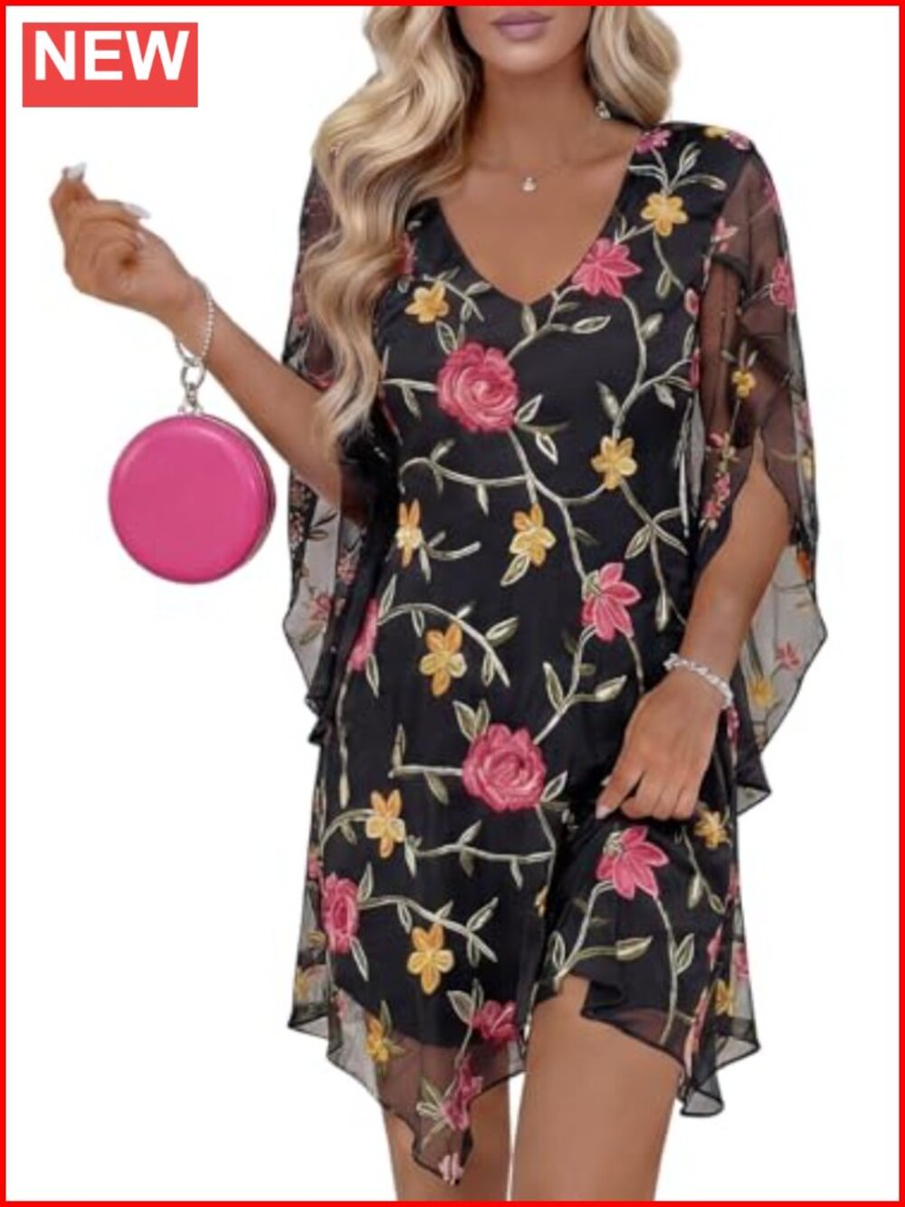 Flutter Sleeve V-Neck Cocktail Dress Chiffon Wedding Guest Semi Formal
